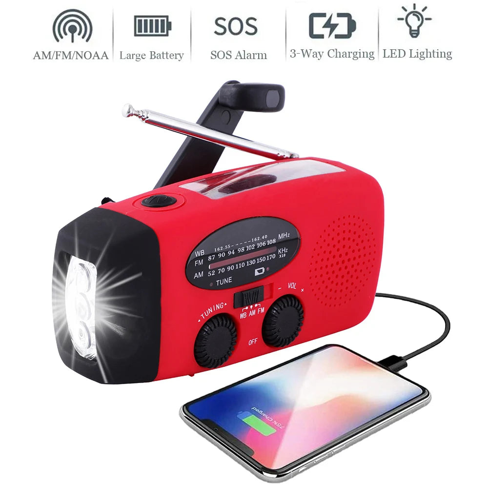 Lampe solaire de survie — Radio AM/FM, chargeur USB, dynamo