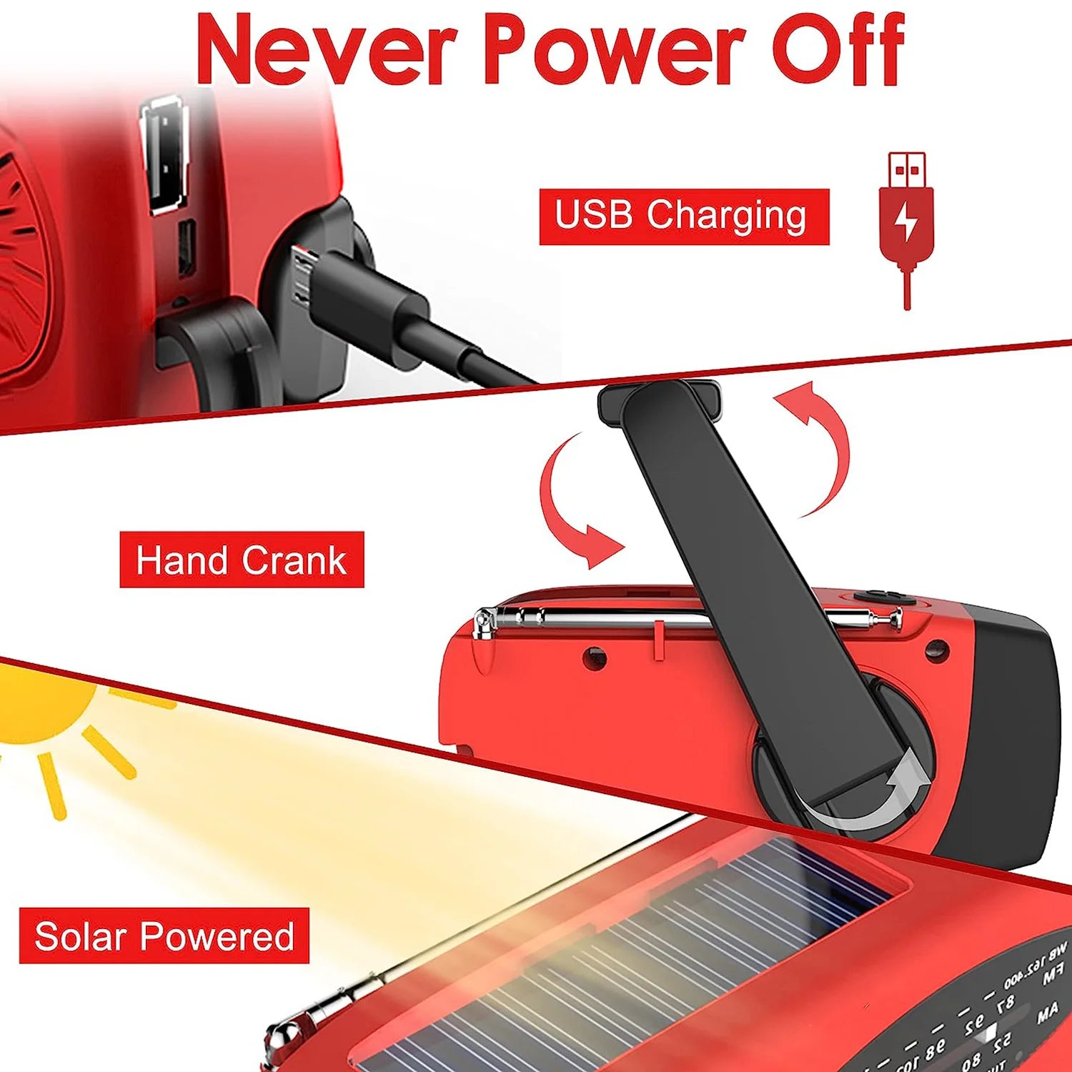 Lampe solaire de survie — Radio AM/FM, chargeur USB, dynamo