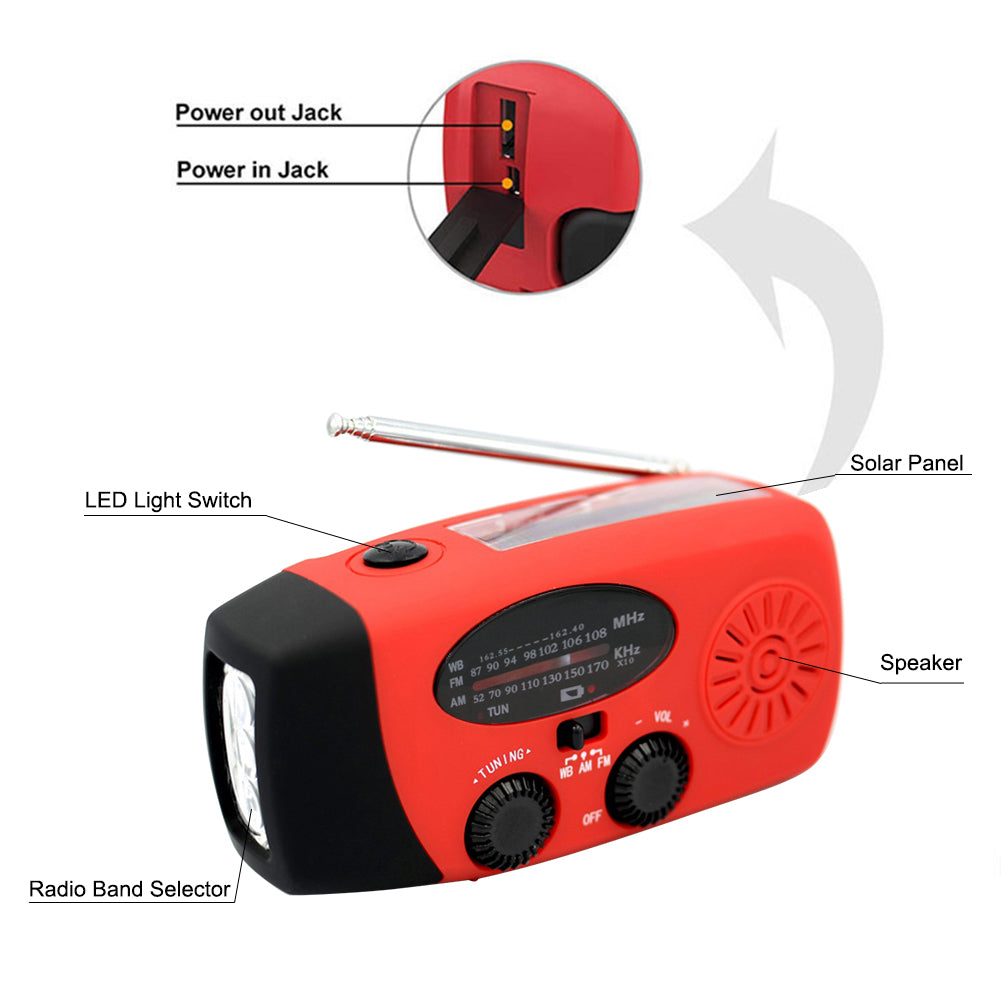 Lampe solaire de survie — Radio AM/FM, chargeur USB, dynamo